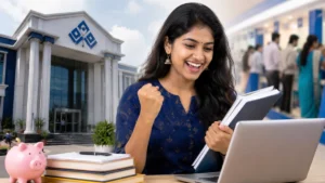 IOB Apprentice Recruitment 2026 featured image showing a happy Tamil woman graduate celebrating Indian Overseas Bank apprentice job opportunity
